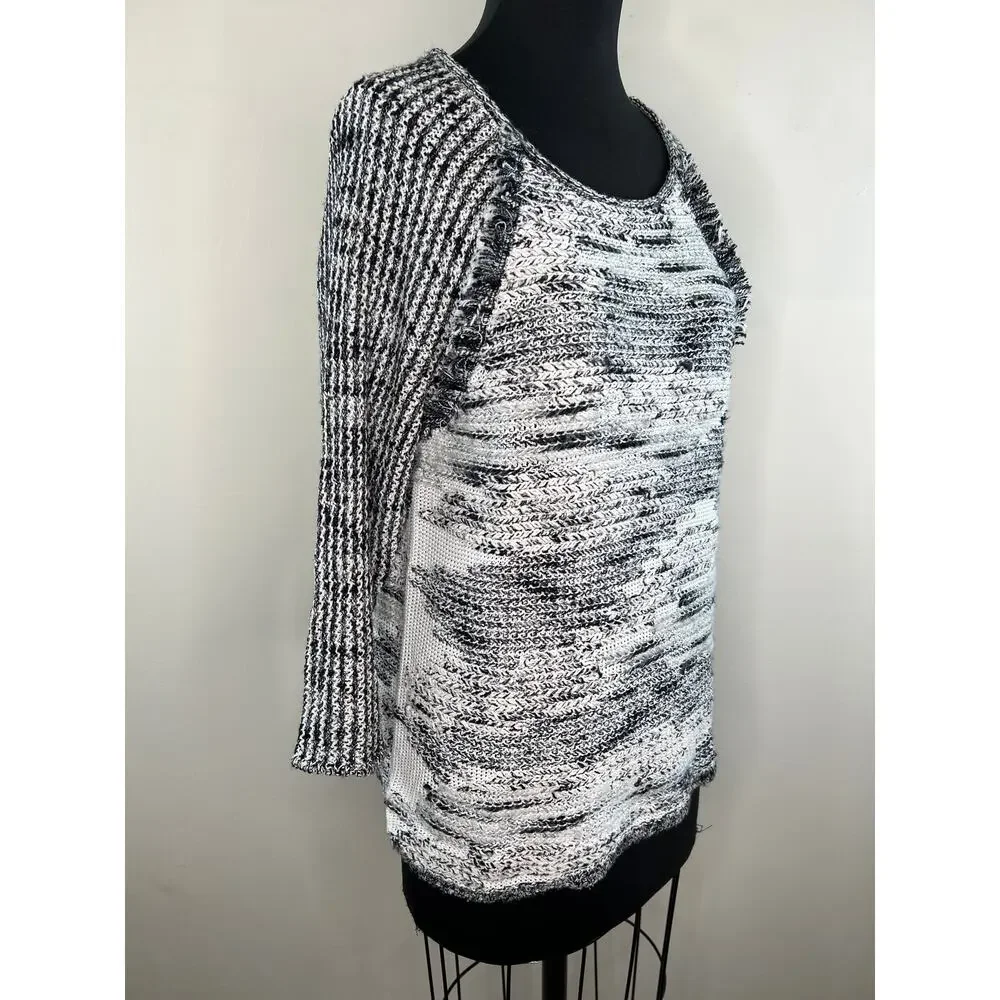 Anthropologie MOTH Black White Slub Knit 3/4 Sleeve Pullover Sweater M Medium